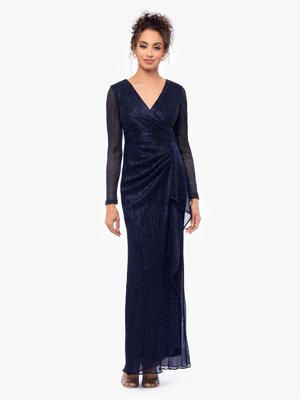 Betsy Adams BA Elegant Navy Long-Sleeve V-Neck Draped Evening Gown 14 w